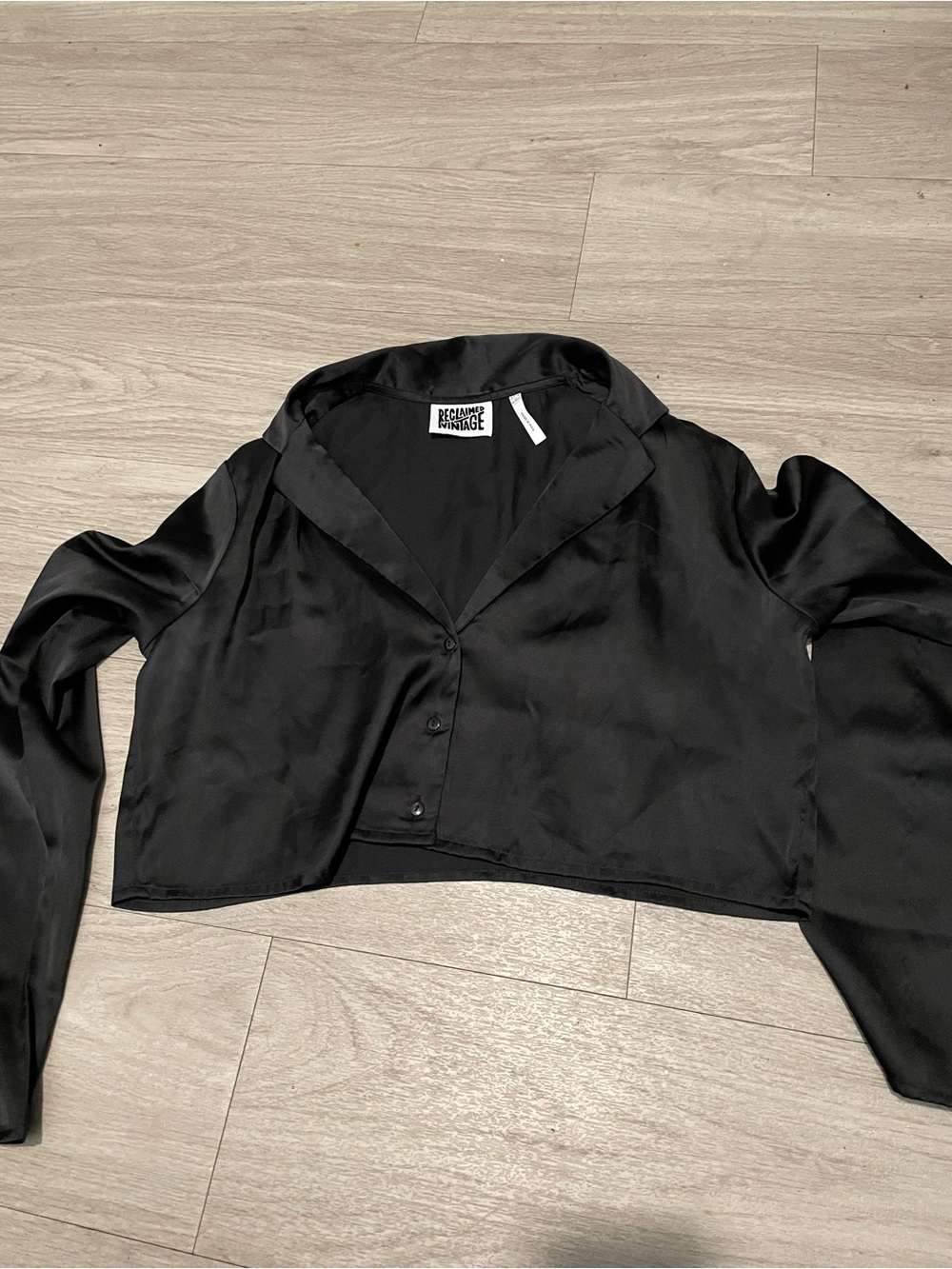 Reclaimed Vintage Black Satin Crop Button top